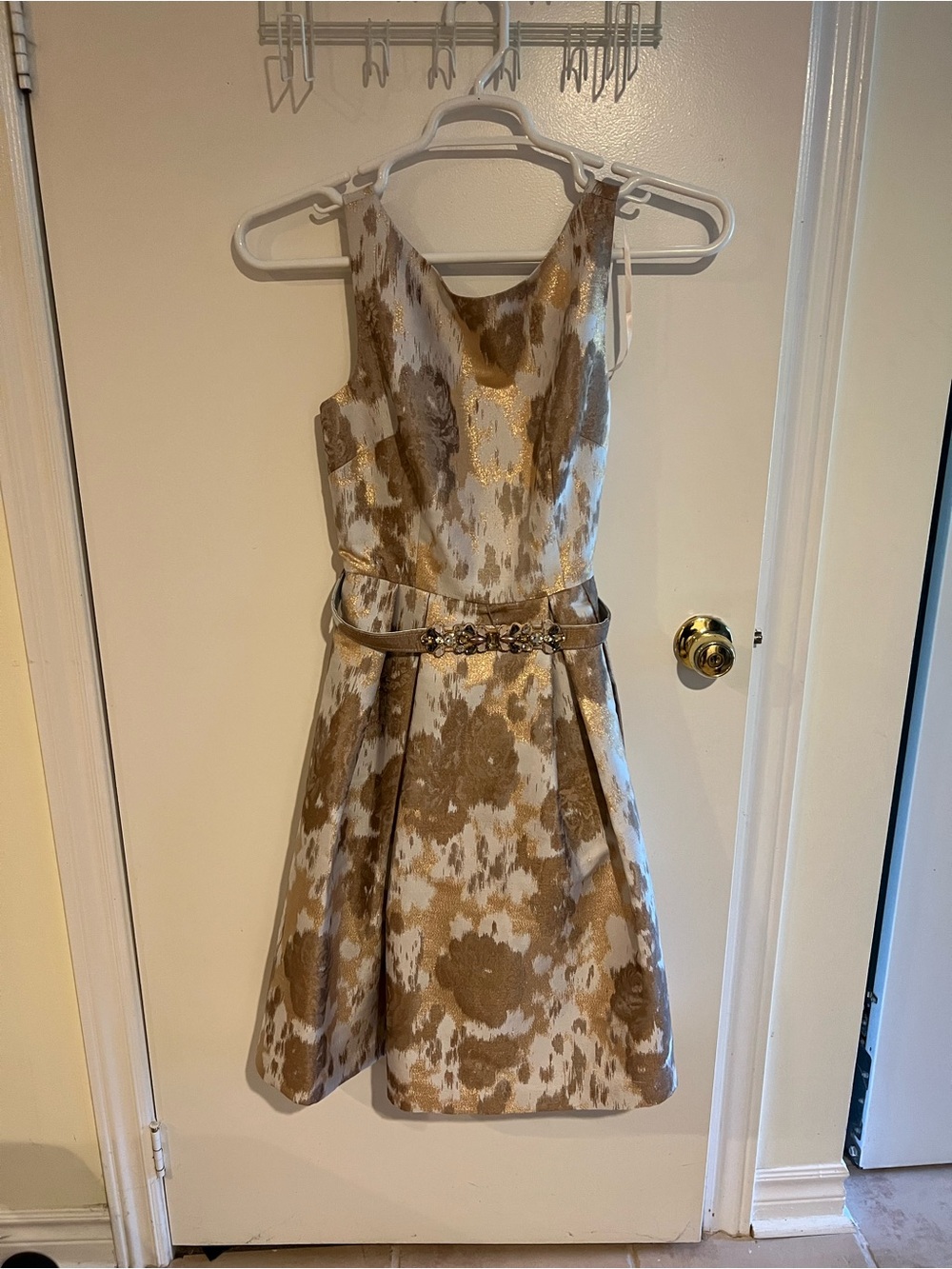 Eliza J Champagne Floral Fit-and-Flare Dress with Subtle Sheen